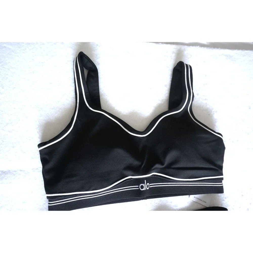 Alo Yoga Womens 2 Piece Set Sports Bra and Leggings Black White Piping XL